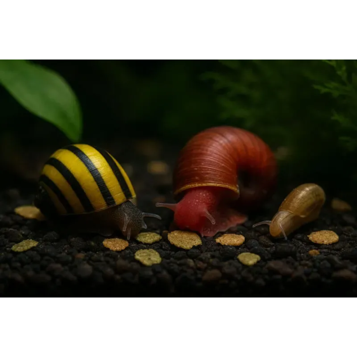 Escargots d’aquarium consommant GlasGarten Snail Dinner sur le sol du bac