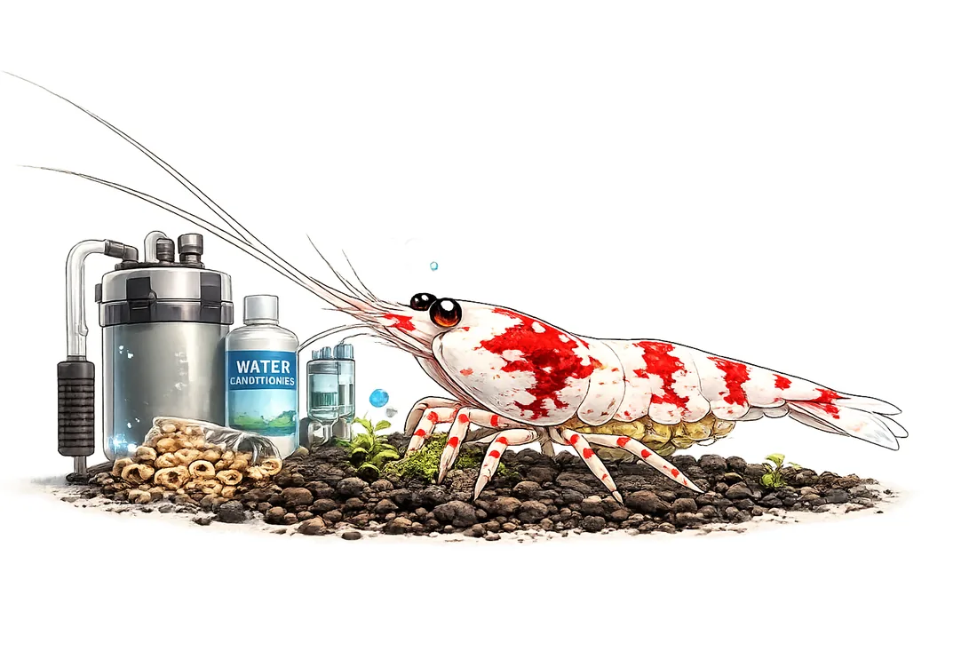 Mascotte Shrimp Délice : crevette rouge et blanche à côté du matériel de filtration
