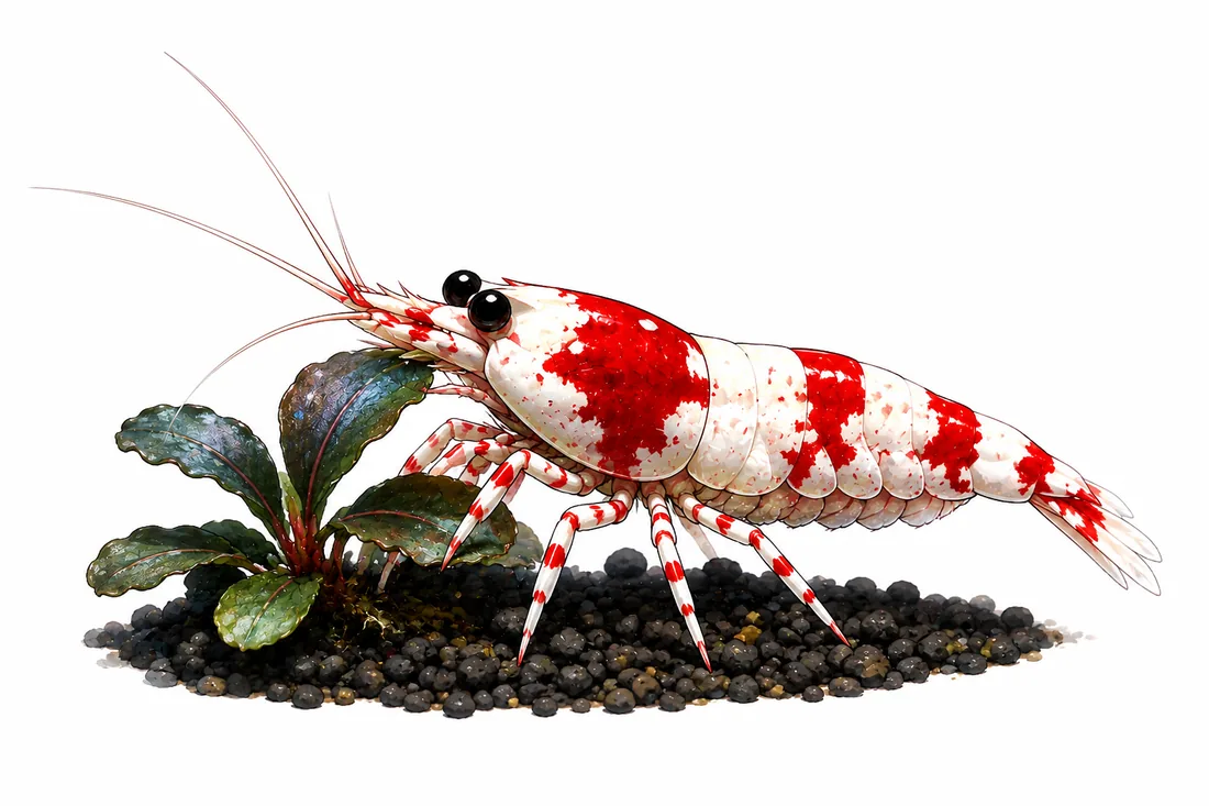 Mascotte Shrimp Délice : crevette rouge et blanche à côté de plantes aquatiques