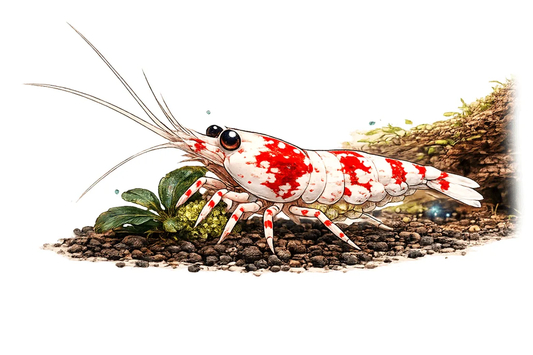 Mascotte Shrimp Délice : crevette rouge et blanche sur un substrat, près de plantes et de bois