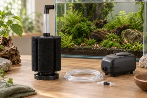 Filtre à double mousse relié à une pompe à air externe dans un aquarium planté