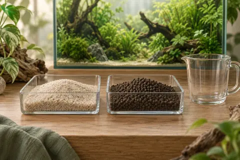Illustration comparative de sable clair et de granulés de sol technique dans deux récipients, devant un aquarium planté.
