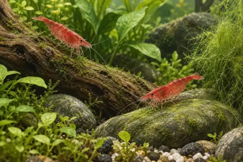 Illustration de deux crevettes rouges sur des pierres et une racine portant un film naturel.