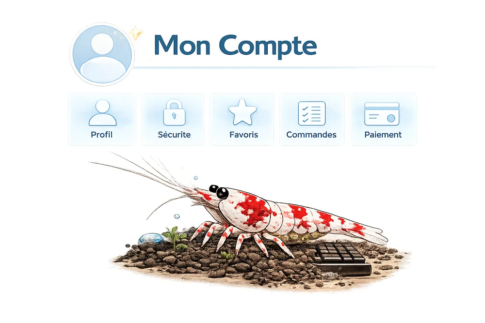 Espace Mon compte Shrimp-Délice avec accès profil, sécurité, favoris, commandes et paiement