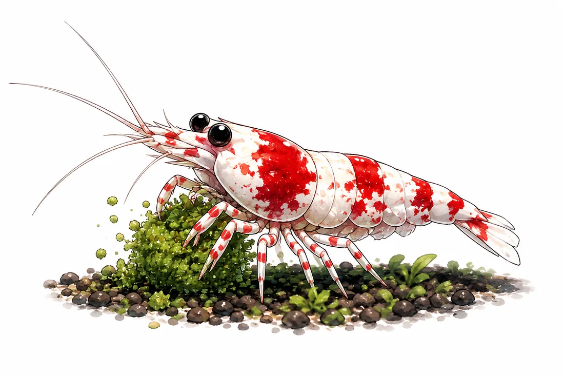 Crevette Crystal Red sur mousse, mascotte Shrimp-Délice